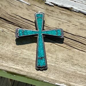 OLD PAWN INLAY 
Sterling Silver mosaic turquoise Cross  3” height​
STUNNING